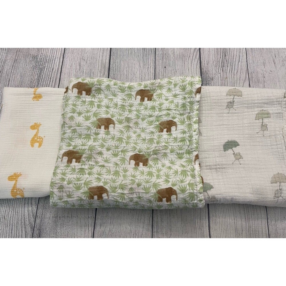 Three Aden + Anais Muslin Swaddle Blankets, Elephant, Giraffe, Umbrella Bird